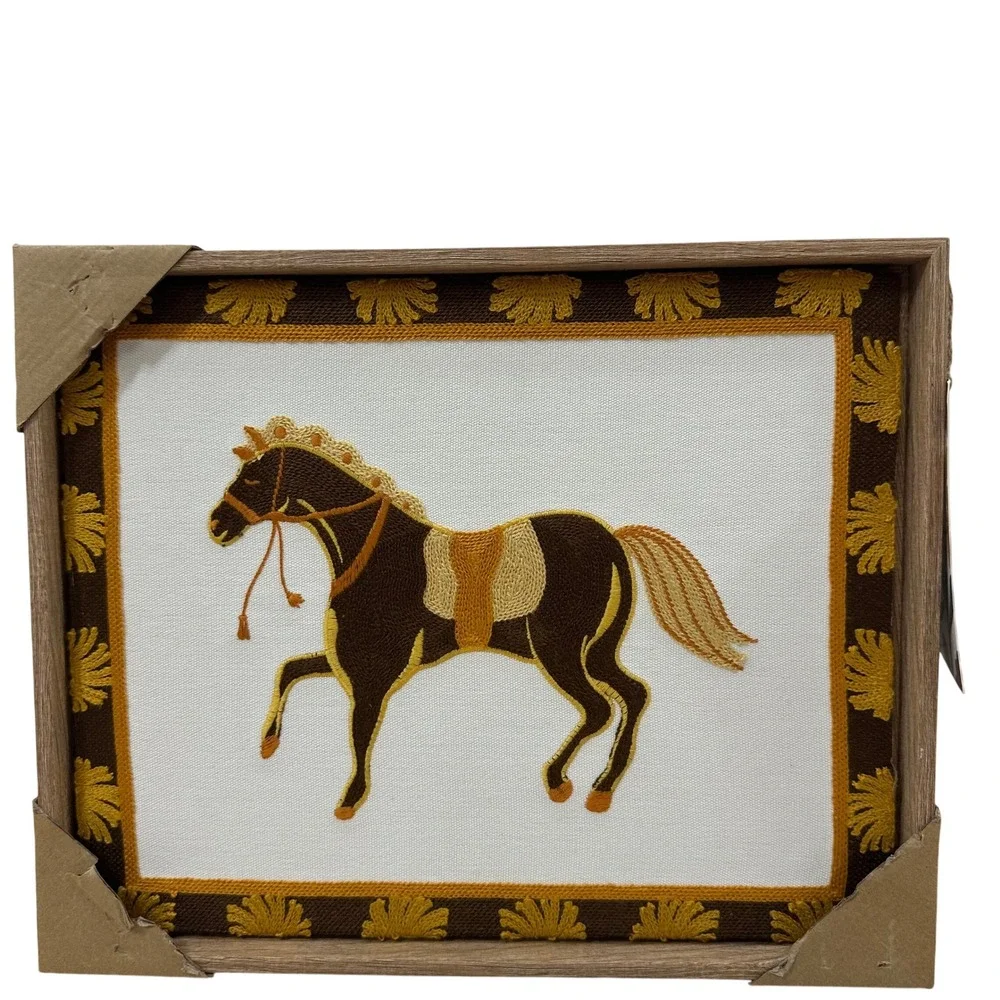 BP Home Woven Artistry Framed Embroidered Horse Textile Wall Art Brown Gold NEW
